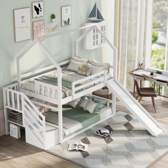 Twin over Twin House Bunk Bed with Convertible Slide,Storage Staircase,White - Image 5