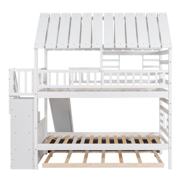 Twin over Twin House Bunk Bed with Trundle and Slide Storage Staircase Roof and Window Design, White - Image 5