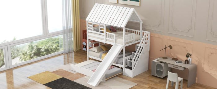 Twin over Twin House Bunk Bed with Trundle and Slide Storage Staircase Roof and Window Design, White - Image 12