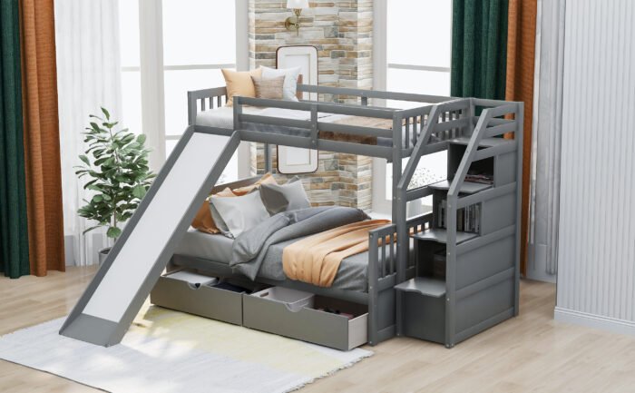 Twin over Full Bunk Bed with Drawers Storage and Slide  Multifunction, Gray - Image 6