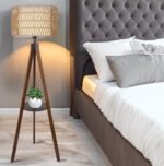 Boho  Wood Standing Tripod Floor Lamp with Shelves with ON/Off Foot Switch