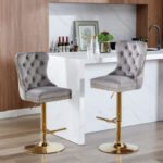 Thick gold rotating velvet bar stool with adjustable seat height and backrest (Set of 2) - Image 17