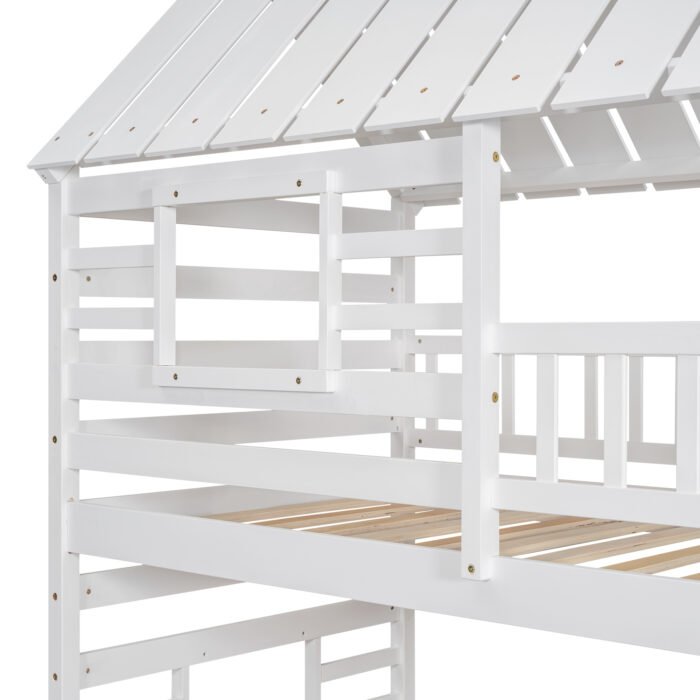 Twin over Twin House Bunk Bed with Trundle and Slide Storage Staircase Roof and Window Design, White - Image 7
