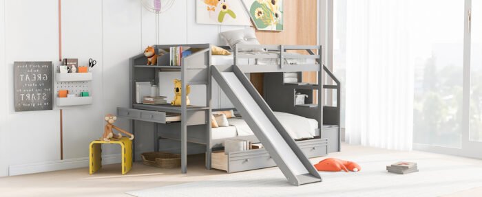 Twin over Twin Bunk Bed with Storage Staircase, Slide and Drawers, Desk with Drawers and Shelves  Gray - Image 4