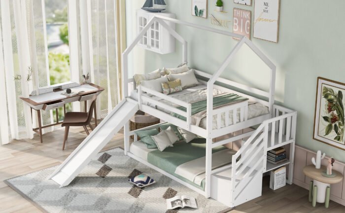Twin over Twin House Bunk Bed with Convertible Slide,Storage Staircase,White - Image 3