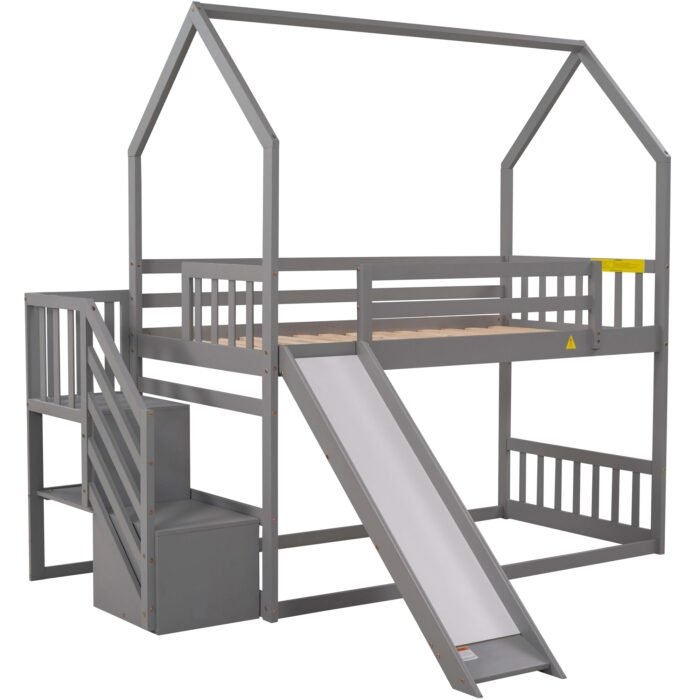 Twin over Twin House Bunk Bed with Convertible Slide,Storage Staircase can be Placed Left or Right,Gray - Image 10
