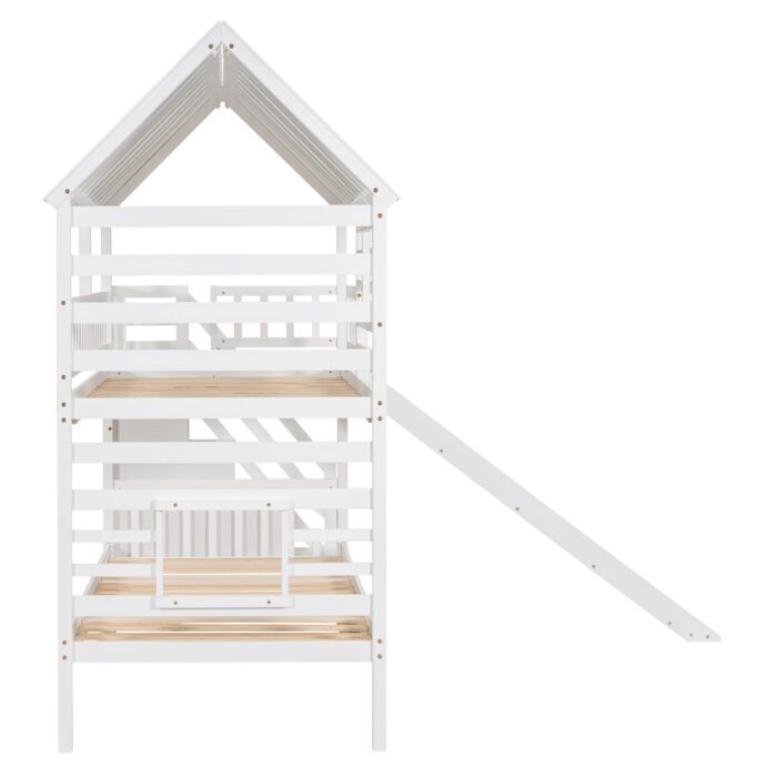 Twin over Twin House Bunk Bed with Trundle and Slide Storage Staircase Roof and Window Design, White - Image 11