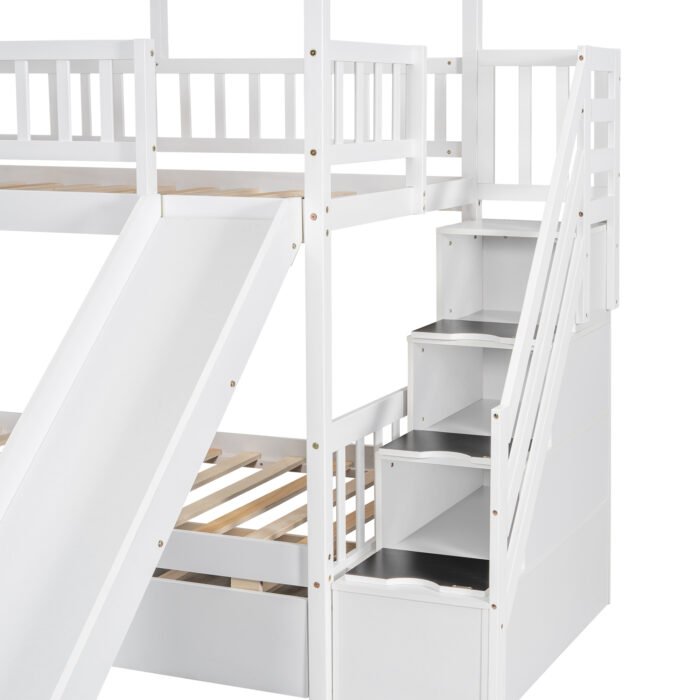 Twin over Twin House Bunk Bed with Trundle and Slide Storage Staircase Roof and Window Design, White - Image 13