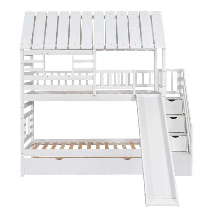 Twin over Twin House Bunk Bed with Trundle and Slide Storage Staircase Roof and Window Design, White - Image 2