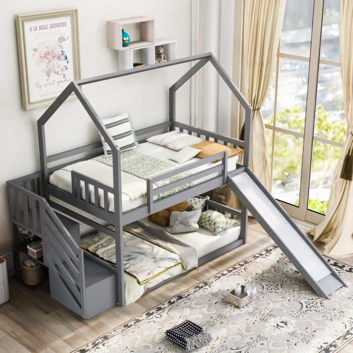 Twin over Twin House Bunk Bed with Convertible Slide,Storage Staircase can be Placed Left or Right,Gray - Image 2