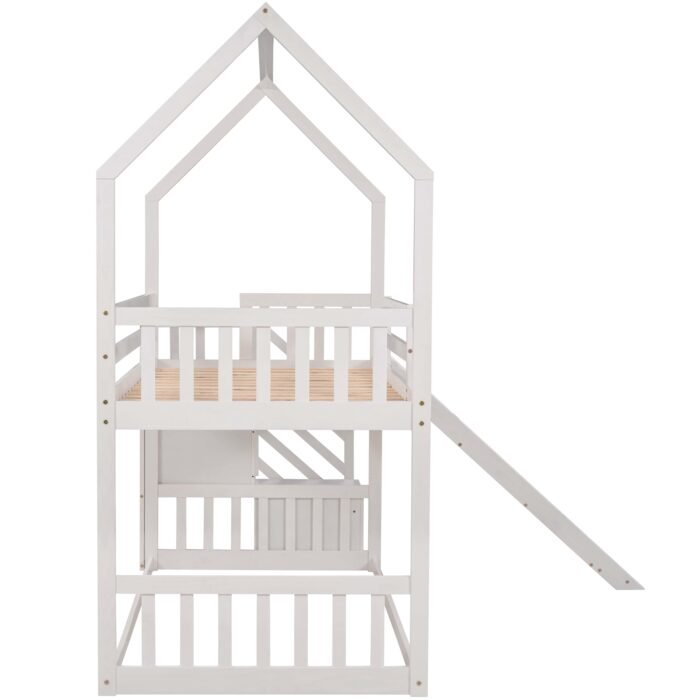 Twin over Twin House Bunk Bed with Convertible Slide,Storage Staircase,White - Image 15