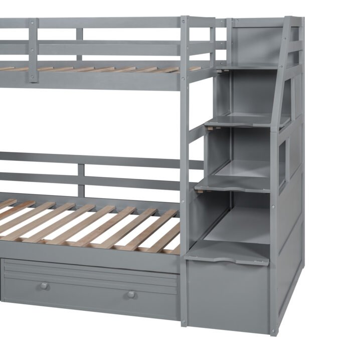 Twin over Twin Bunk Bed with Storage Staircase, Slide and Drawers, Desk with Drawers and Shelves  Gray - Image 15