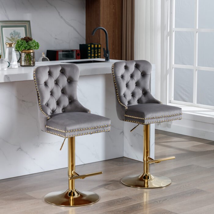 Thick gold rotating velvet bar stool with adjustable seat height and backrest (Set of 2) - Image 19