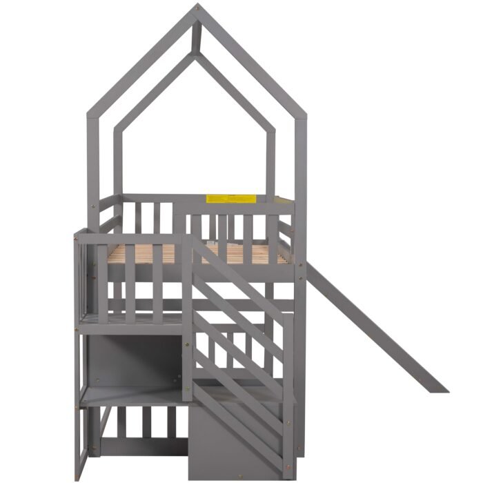 Twin over Twin House Bunk Bed with Convertible Slide,Storage Staircase can be Placed Left or Right,Gray - Image 9