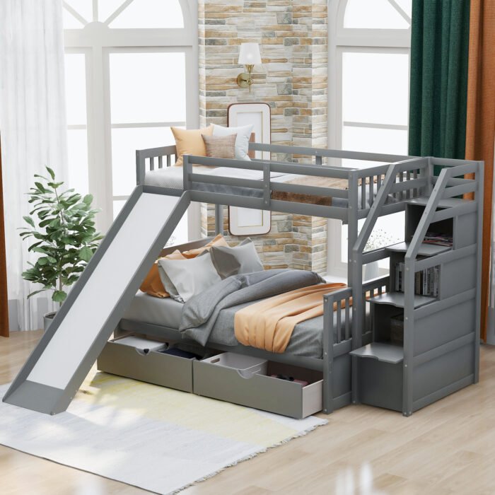 Twin over Full Bunk Bed with Drawers Storage and Slide  Multifunction, Gray - Image 2