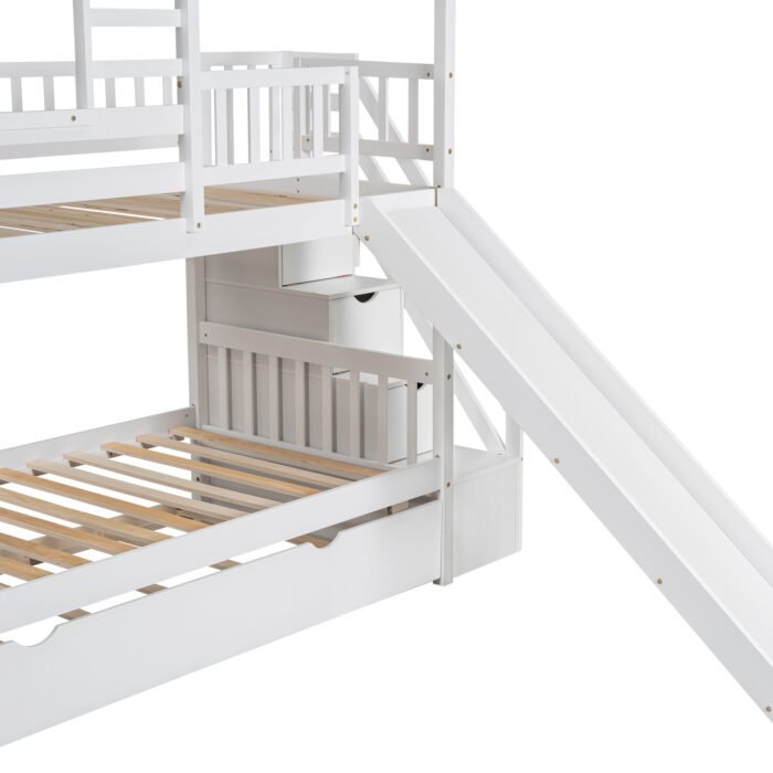 Twin over Twin House Bunk Bed with Trundle and Slide Storage Staircase Roof and Window Design, White - Image 10