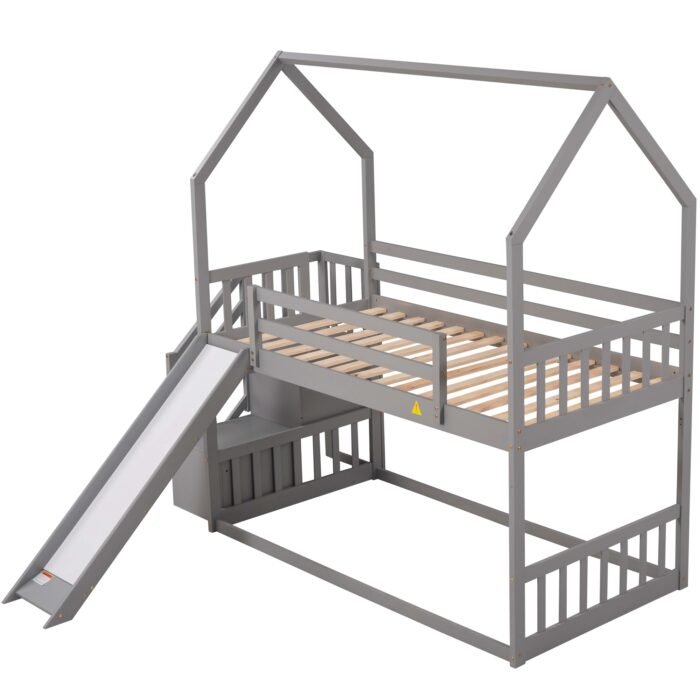 Twin over Twin House Bunk Bed with Convertible Slide,Storage Staircase can be Placed Left or Right,Gray - Image 11