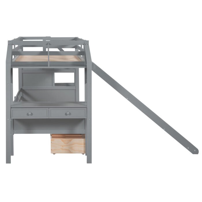 Twin over Twin Bunk Bed with Storage Staircase, Slide and Drawers, Desk with Drawers and Shelves  Gray - Image 17