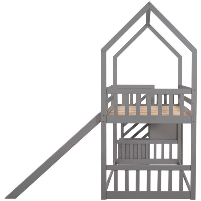 Twin over Twin House Bunk Bed with Convertible Slide,Storage Staircase can be Placed Left or Right,Gray - Image 8