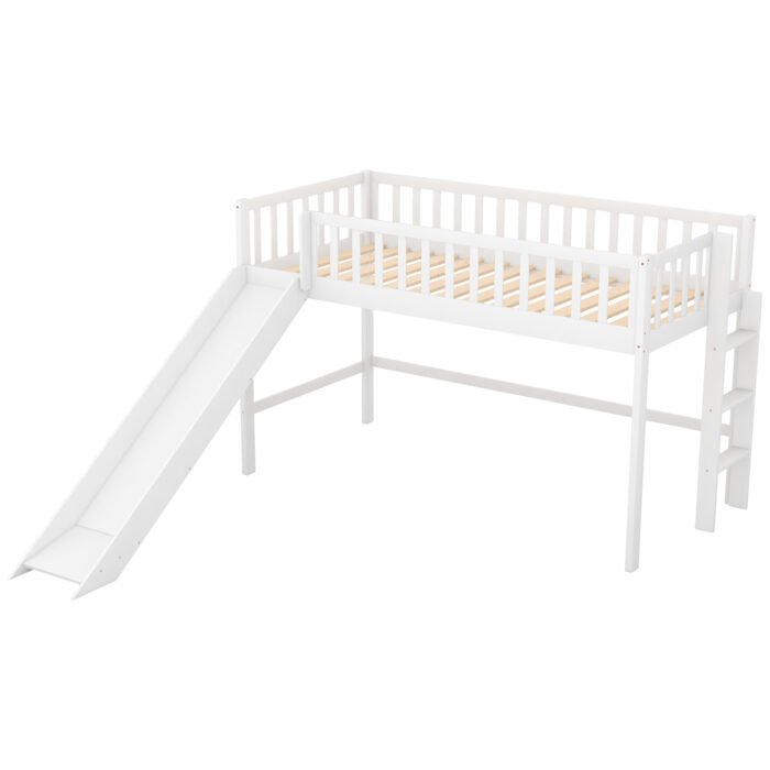 Twin Size Low Loft Bed with Ladder and Slide, White - Image 9