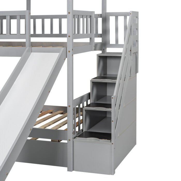 Twin over Twin House Bunk Bed with Trundle and Slide Storage Staircase, Roof and Window Design, Gray - Image 2