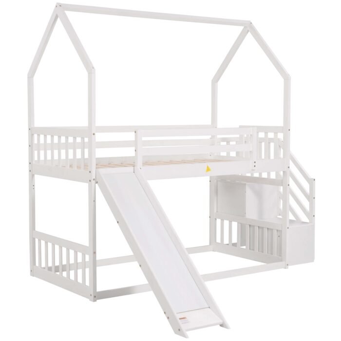 Twin over Twin House Bunk Bed with Convertible Slide,Storage Staircase,White - Image 12