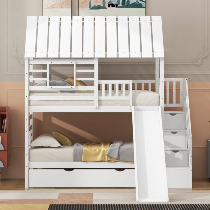Twin over Twin House Bunk Bed with Trundle and Slide Storage Staircase Roof and Window Design, White - Image 9