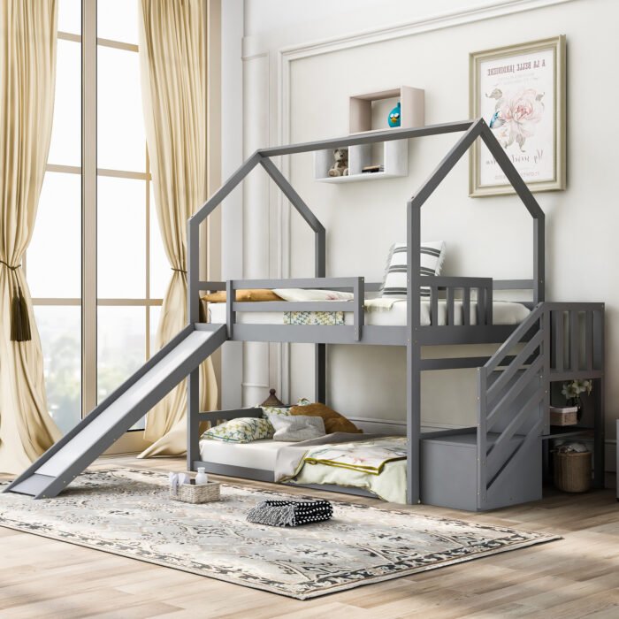Twin over Twin House Bunk Bed with Convertible Slide,Storage Staircase can be Placed Left or Right,Gray - Image 5