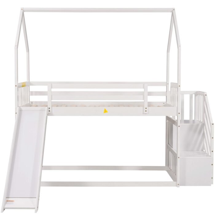 Twin over Twin House Bunk Bed with Convertible Slide,Storage Staircase,White - Image 7