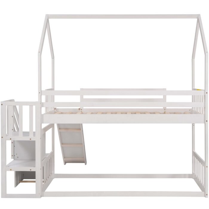 Twin over Twin House Bunk Bed with Convertible Slide,Storage Staircase,White - Image 13