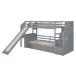 Twin over Twin Bunk Bed with Storage Staircase, Slide and Drawers, Desk with Drawers and Shelves  Gray - Image 10