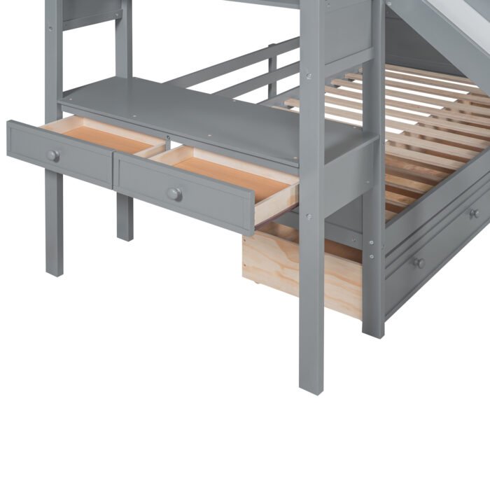 Twin over Twin Bunk Bed with Storage Staircase, Slide and Drawers, Desk with Drawers and Shelves  Gray - Image 14