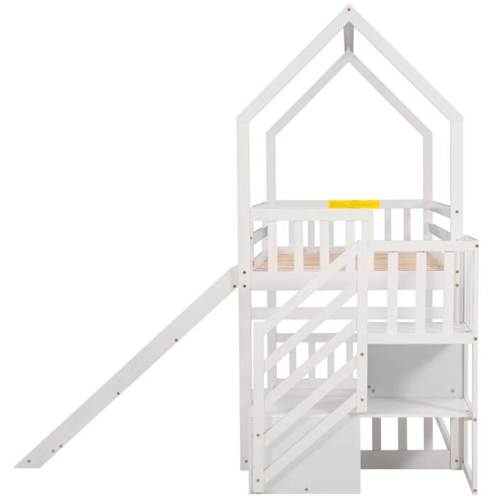 Twin over Twin House Bunk Bed with Convertible Slide,Storage Staircase,White - Image 10