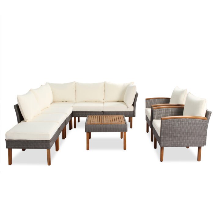 9 pieces Patio rattan furniture set with Acacia wooden legs and tabletop - Image 4