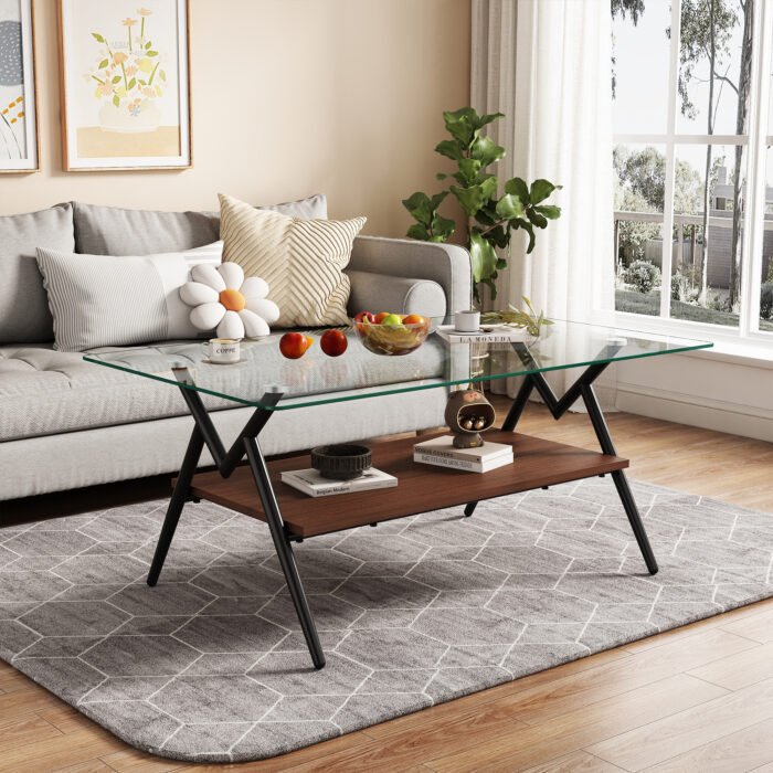 Rectangle Coffee Table with Tempered Glass top and Black Metal Legs - Image 4