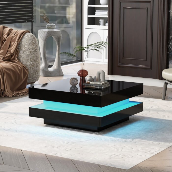 ON-TREND High Gloss Minimalist Design with LED Lights 2-Tier Square Coffee Table Black - Image 3