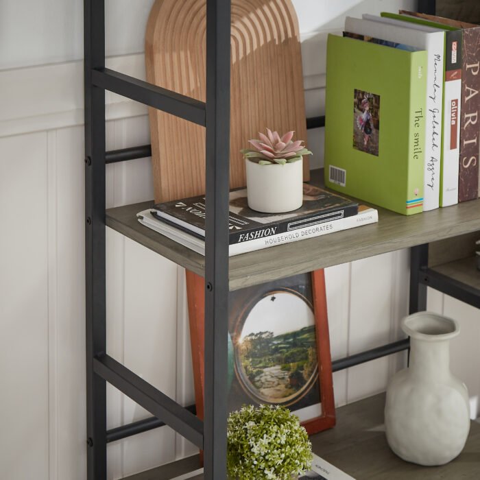 Triple Wide 5-shelf Bookshelves Industrial Retro Wooden Style, Grey - Image 5