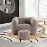 Soft Bean Bag Chair with High Resilient Foam with Footstool, Light Gray