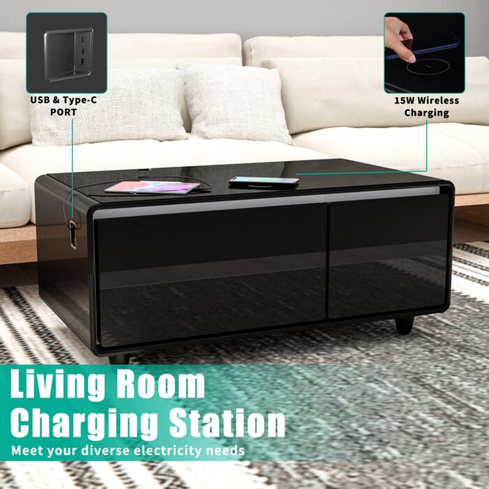Modern Smart Coffee Table with Built-in Fridge with Bluetooth Speaker and Wireless Charging - Image 8