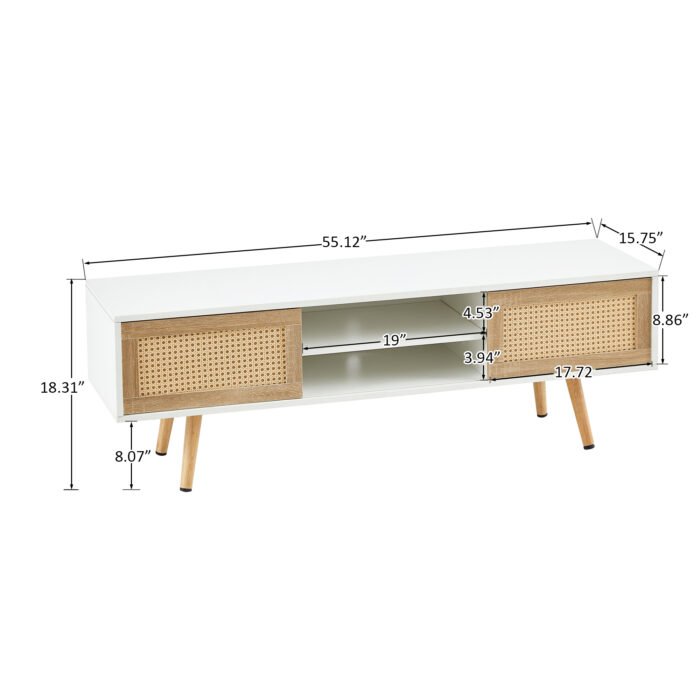 Rattan TV cabinet with double sliding doors and adjustable shelfs and solid wooden legs, White - Image 7
