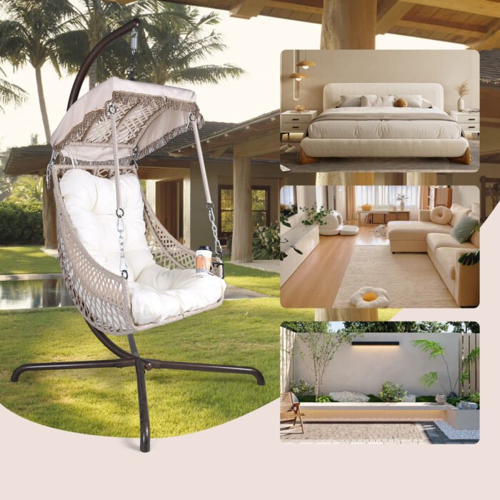 Swing Egg Wicker Rattan Frame Chair with Stand Indoor or Outdoor (350lbs Capacity) - Image 3