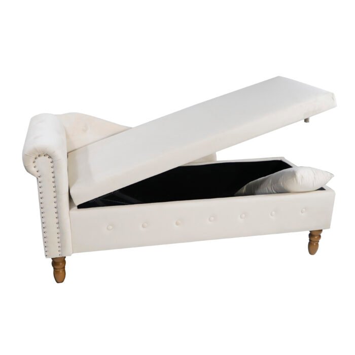 Chaise Lounge Velvet with Storage and Pillow and Arms, White - Image 19