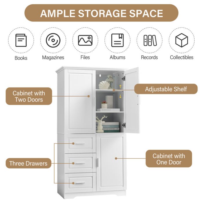 Tall and Wide Storage Cabinet with Doors for Bathroom/Office, Three Drawers, White - Image 7