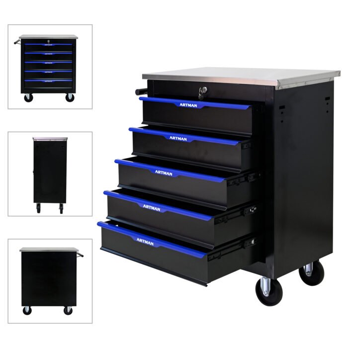 5 Drawers Multi Functional Tool Cart With Wheels, Black and Blue - Image 10