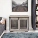 Dog Cage Crate Furniture with Sliding Barn Door Kennel with Flip-top Plate