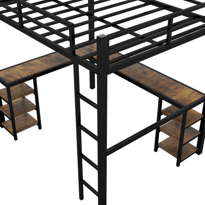 Full Size Metal Loft Bed with Desk, Shelves, Ladder and Guardrails, Black - Image 7