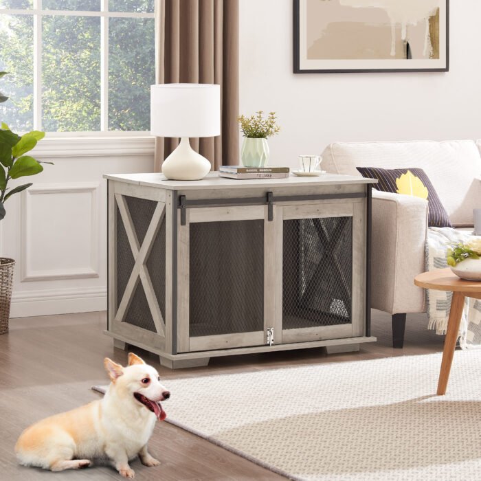 Dog Cage Crate Furniture with Sliding Barn Door Kennel with Flip-top Plate - Image 2