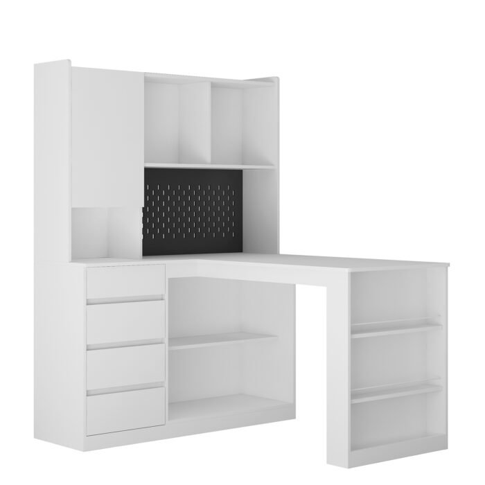 L-shaped corner office desk with charger with bookshelf and drawers and LED lights - Image 9