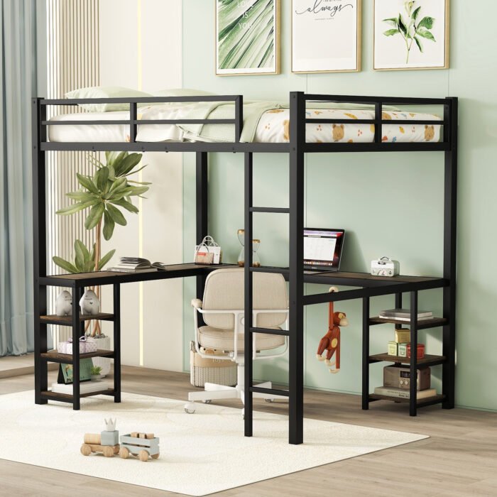 Full Size Metal Loft Bed with Desk, Shelves, Ladder and Guardrails, Black - Image 2
