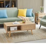 Rattan Coffee table sliding door with storage and solid wood legs - Image 2